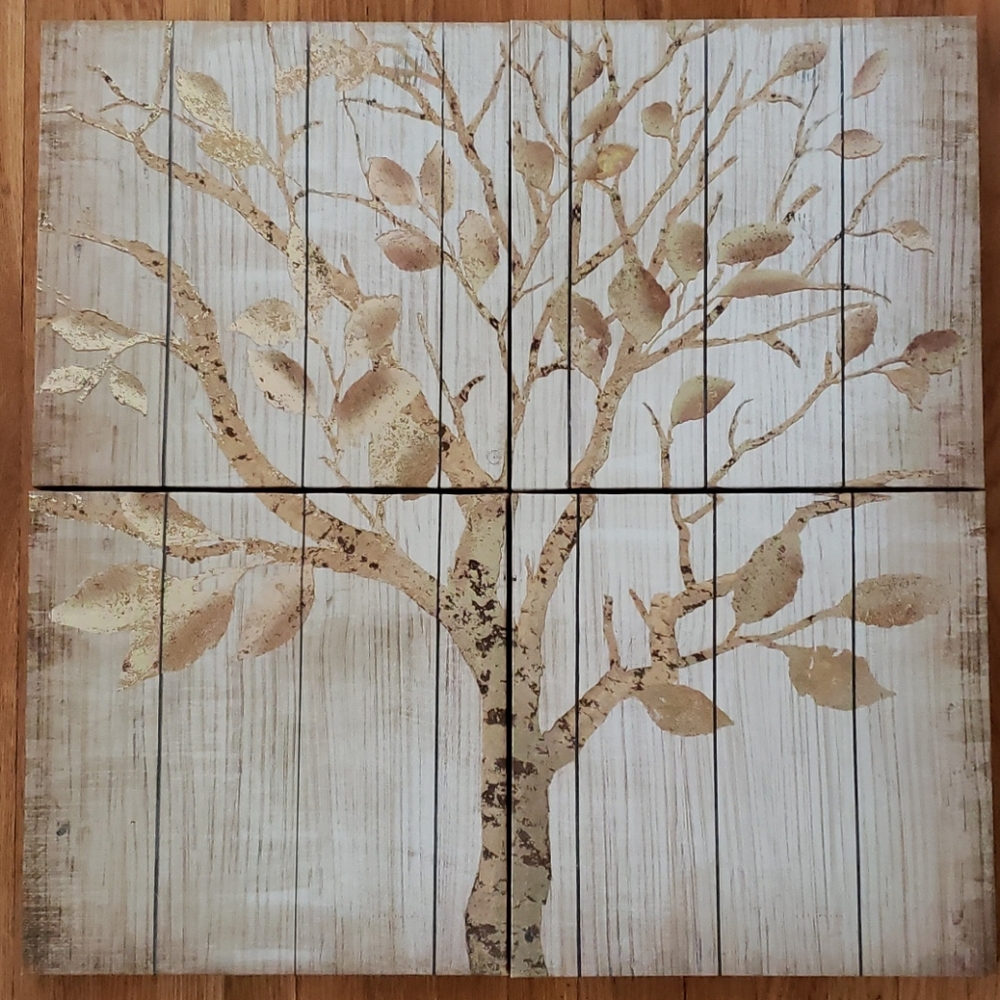 4 piece gold tree faux wood on canvas wall art